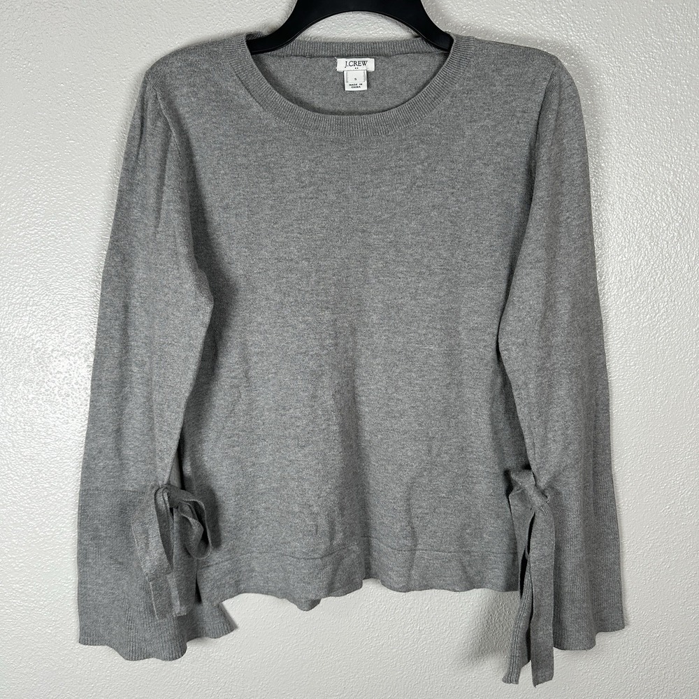 J Crew Tie Bell Sleeve Sweater Womens Small Crewneck Lightweight Gray Cotton